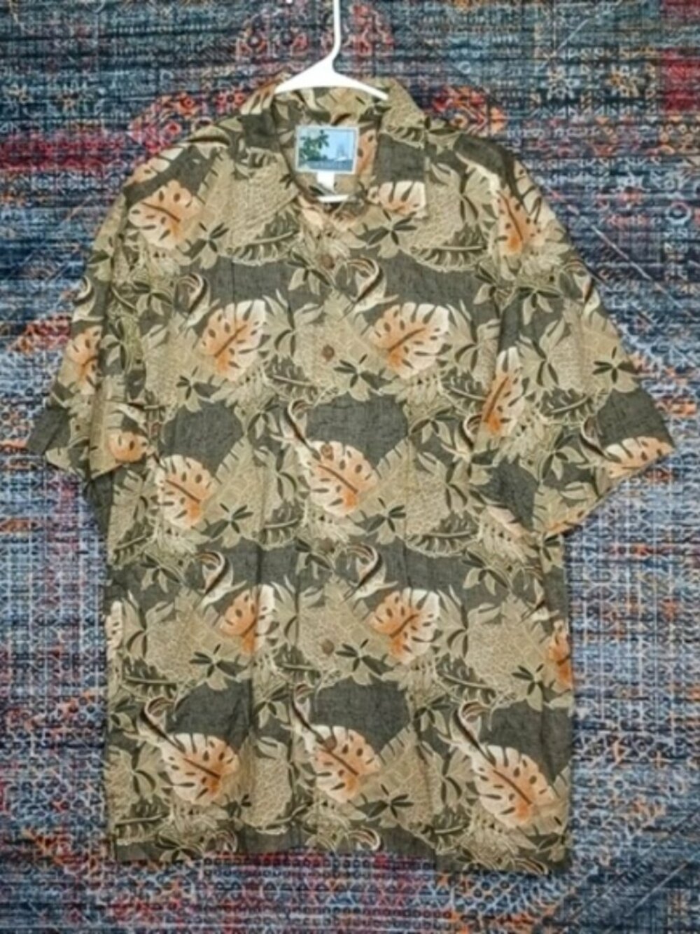 AFTCO mens black an beige Hawaiian leaves fishing shirt L USA EUC